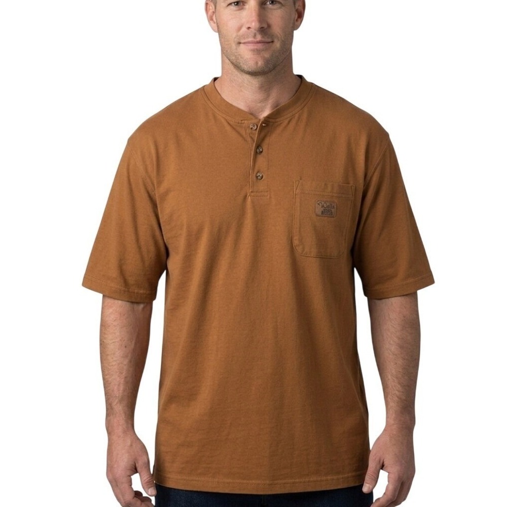 Walls Workwear Henley Shirt Men's Large Brown Short Sleeve Pocket Cotton Rugged